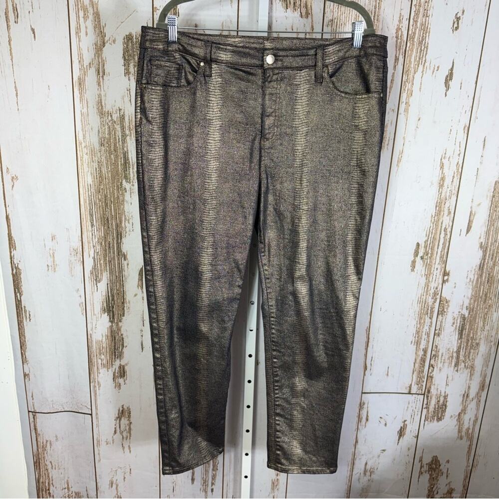 Chico's Shimmering Animal Print Bronze Ankle Jeans. Size 16R. Excellent cond!